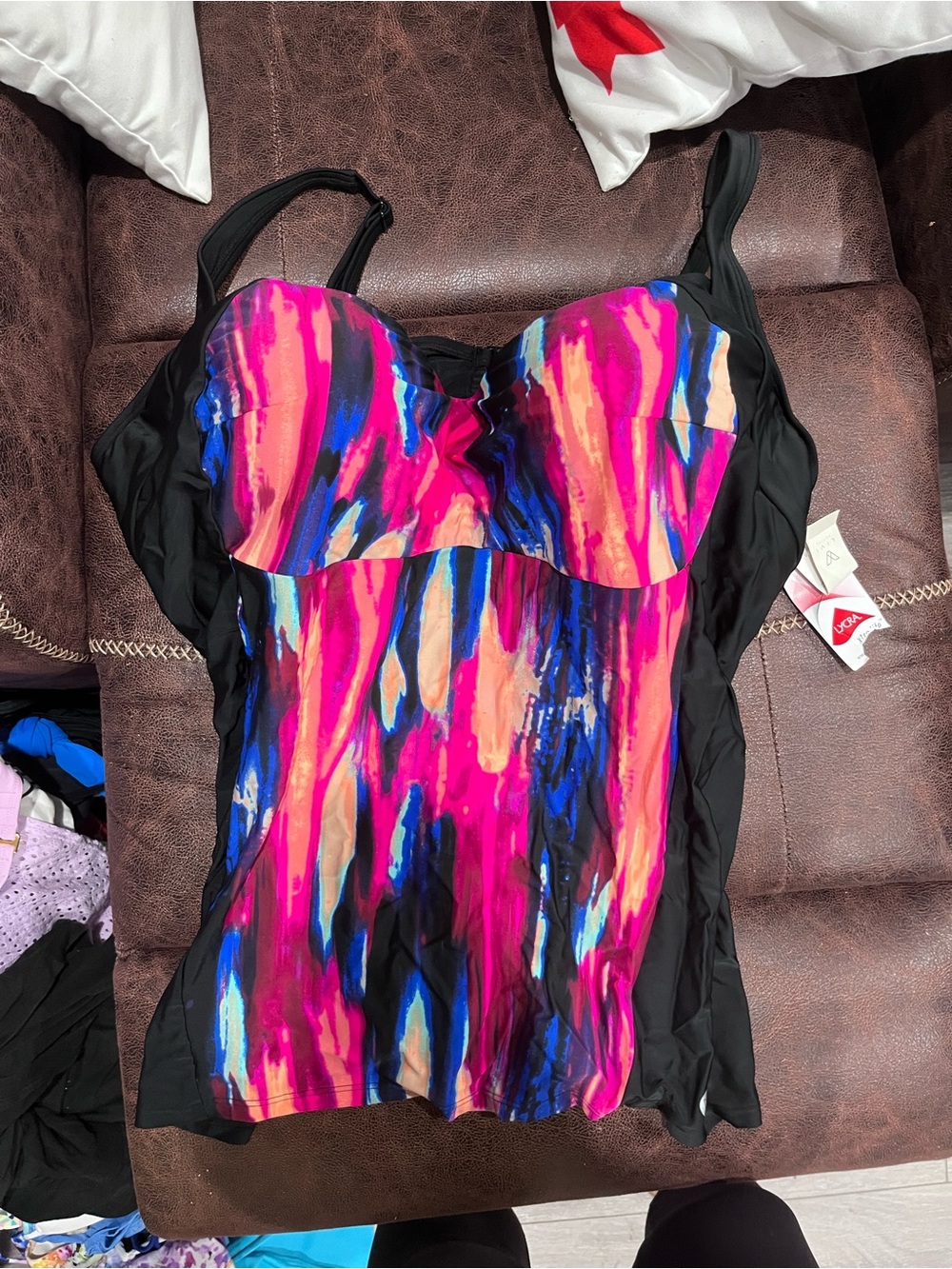 Cacique Black One-Piece with Pink, Blue and Peach Abstract Print